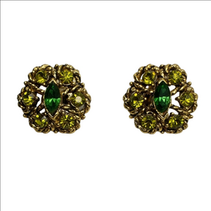 Vintage Emerald Rhinestone and Gold Plated Flower Clip-On Earrings